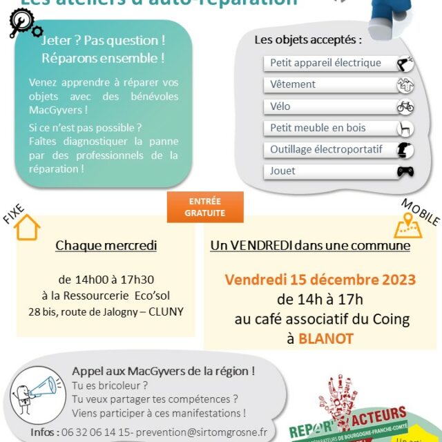 Atelier de la réparation à Blanot le 15 décembre de 14h à 17h au café associatif  » Le Coing »